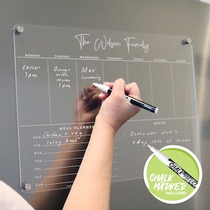 Weekly MEAL Magnetic Fridge Acrylic Planner A3 - WHITE UV Print - Clear Acrylic Whiteboard Meal Planner - Family Organiser - Shopping List