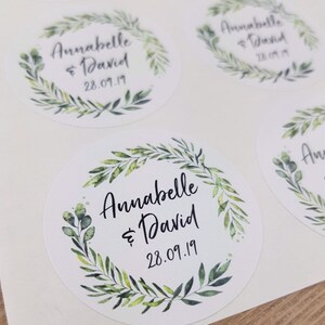 Customised round stickers for favors Personalised wedding stickers, wedding stickers, stickers, candle favors, wreath leaf stickers image 2