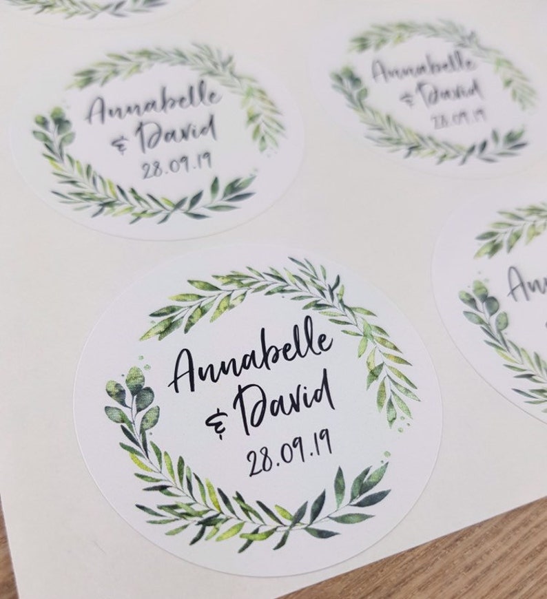 Customised round stickers for favors Personalised wedding stickers, wedding stickers, stickers, candle favors, wreath leaf stickers image 2