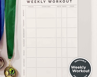 Weekly Workout | REMOVABLE ADHESIVE Exercise, Sets, Reps & Calorie Log | Fitness and Gym Tracker