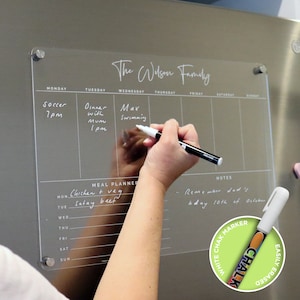 Weekly MEAL Magnetic Fridge Acrylic Planner A3 - WHITE UV print - acrylic whiteboard calendar - family organiser - fridge list