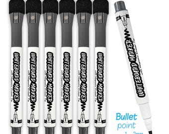 BLACK Whiteboard Markers 6 Pack Box - BULLET Point Tip 1-2mm Whiteboard Pen with Magnetic Eraser Tip - Dry-Erase Whiteboard Marker Set of 6