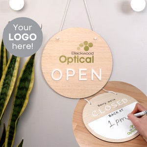Open Closed Double Sided Wooden Business Sign with Reusable Whiteboard Section - Personalised Logo Sign with 3D Whiteboard -  25cm | 9.84"