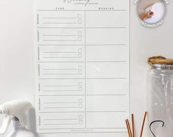 REMOVABLE Custom Weekly Cleaning Routine Planner - Whiteboard Zone Cleaning Chart with Washing List Section - Weekly Cleaning Schedule