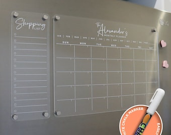 Agenda mensuel magnétique en acrylique pour réfrigérateur A3 - Design ORIGINAL blanc à impression UV - calendrier tableau blanc en acrylique - organisateur de famille - liste de réfrigérateurs