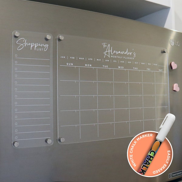 Monthly Magnetic Fridge Acrylic Planner A3 - WHITE UV print ORIGINAL design - acrylic whiteboard calendar - family organiser - fridge list