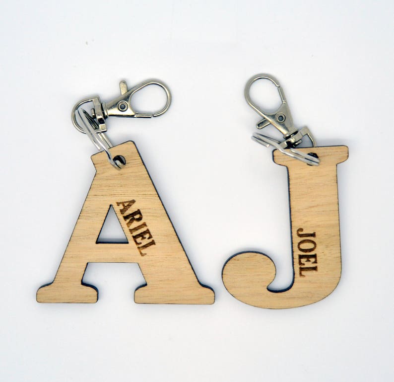 Personalised wooden kids name tags. Laser cut bag tag/ key ring for kids, daycare, preschool, nursery school bag. Custom alphabet key ring image 6