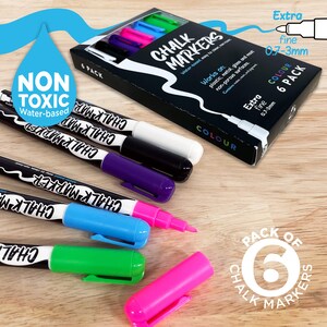 Chalk Markers 6 Colour Pack - Extra Fine Non-Toxic Liquid Chalk Markers - White Black Pink Blue Green Purple Pen - Magnetic Fridge Pen Clip