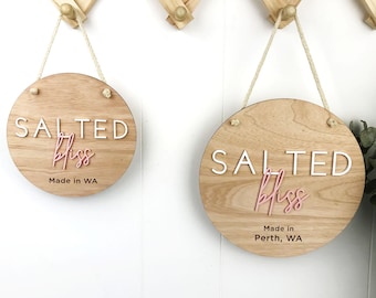 Personalized Wooden Business Sign with 3D Acrylic Logo Text | Hanging Brand Sign