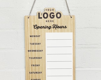 Custom Shop Opening Hours Logo Sign with Whiteboard Section - Wood & Acrylic Opening Hours Sign for Shopfront Business - Custom Logo
