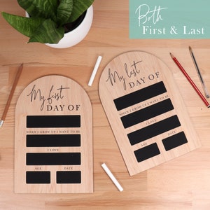 My first day of school and my last day of school wooden chalkboard photo prop. Kids photo prop to remember their milestones by and personalise their photos with their own details.