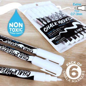 WHITE Chalk Markers 6 Pack - Extra Fine Non-Toxic Liquid Chalk Markers - Magnetic Chalk Pen Clip Holder for Fridge - White Dry-Erase Marker