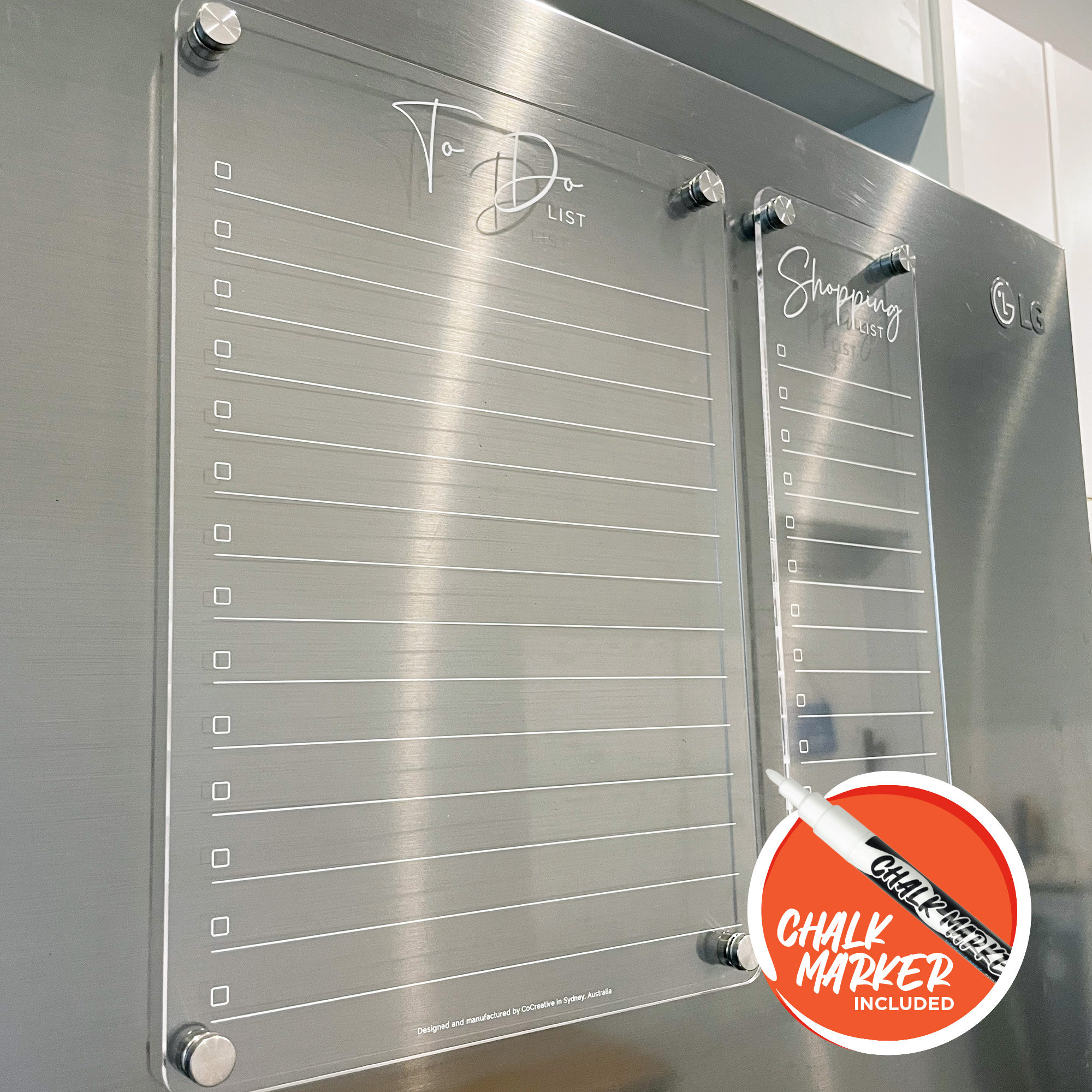 Planejador de acrílico para geladeira com lista de tarefas - Impressão UV BRANCA Design ORIGINAL - Quadro de lista de verificação de acrílico transparente - Lista de compras - Lista de verificação
