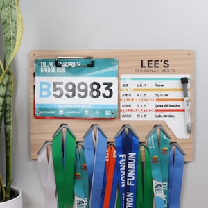 Running Medal and Personal Bests Display Board | WHITEBOARD Design | Show Off Your PB Running Medal and Bib Display Rack | Gifts for Runners