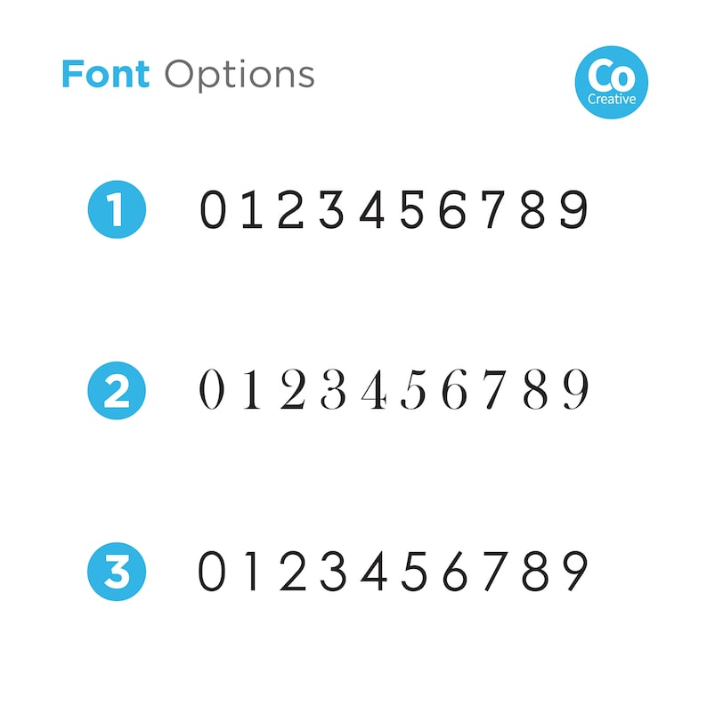 May include: Three font options for numbers 0-9. Option 1 is a simple, clean font. Option 2 is a slightly more decorative font. Option 3 is a more stylized font.