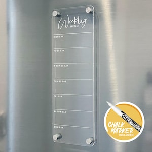 Kühlschrank Acryl Wochen Menü Liste Board - WEISSER UV Druck - Klarer Acryl Whiteboard Planer - Wochenplaner - Mahlzeitenplaner Tafel