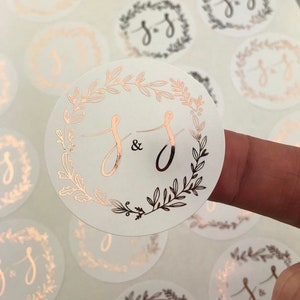 Round Gold Foil Stickers for wedding invites Personalised wedding stickers, round stickers, wedding favor, candle favours, rose gold image 1