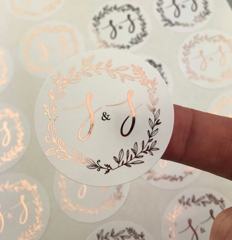 Round Gold Foil Stickers for wedding invites Personalised wedding stickers, round stickers, wedding favor, candle favours, rose gold image 1