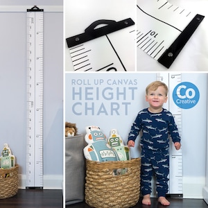 Aangepaste groeimeter voor kinderen | Draagbare, verwijderbare groeimeter van zwart acryl en canvas | Engelse en metrische hoogtetabel | Groeigrafiek: