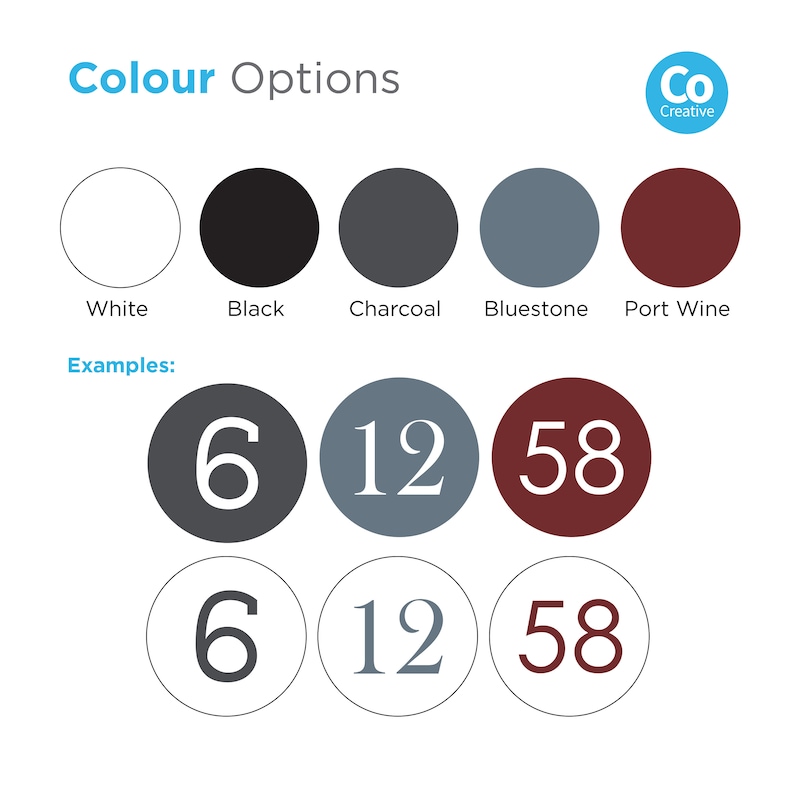 May include: Color options for house numbers, shown in white, black, charcoal, bluestone, and port wine. Examples show the numbers 6, 12, and 58 in different color combinations.