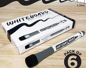 6 Pack BLACK Whiteboard Markers - BULLET Point Tip 1-2mm with Magnetic Eraser Tip