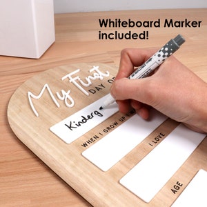Interactive first day of school photo prop with whiteboard sections. Kids photo prop for their first and last day of school.