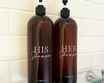 2 Piece 1 LITRE AMBER Bathroom Bottle Set DESIGN 4 | His and Her Shampoo & Conditioner