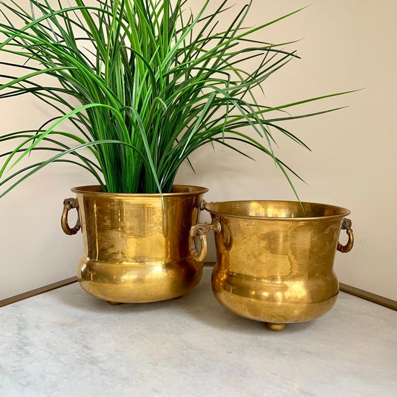 Bohemian Boho Decor. Footed Ring With Handles Brass Accents Vintage Set of Brass Plant Pots Decor