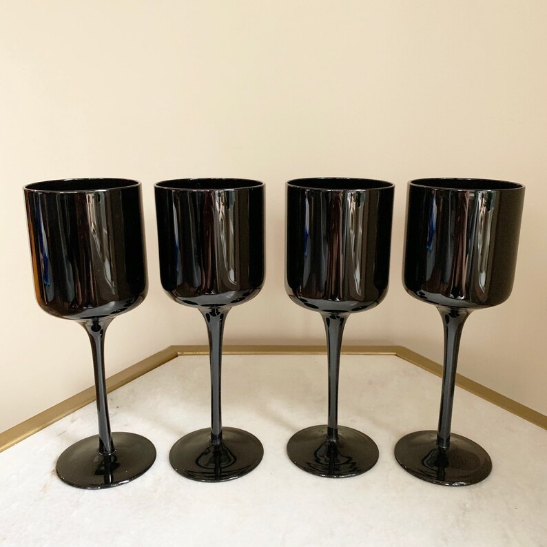 Vintage 90s Set Of 4 Black Modern Contemporary Wine Glasses Goblets