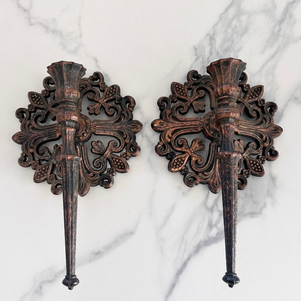 Pair Of Vintage Wall Mount Copper Tone Plastic  Candle Sconces 10” Tall.