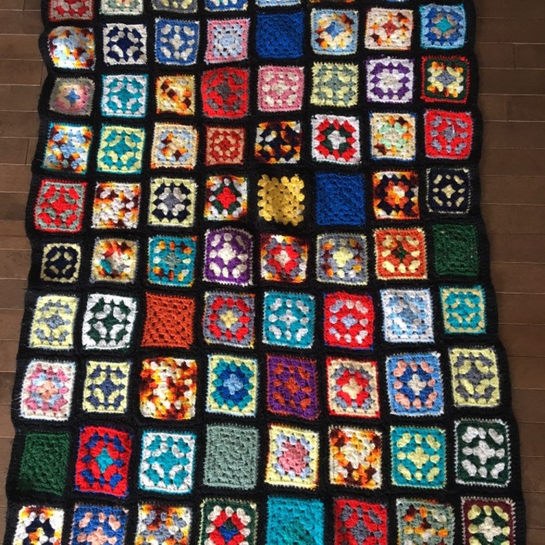 Bohemian Vintage Black Granny Square Afghan Multicolored Crocheted Blanket Throw Boho