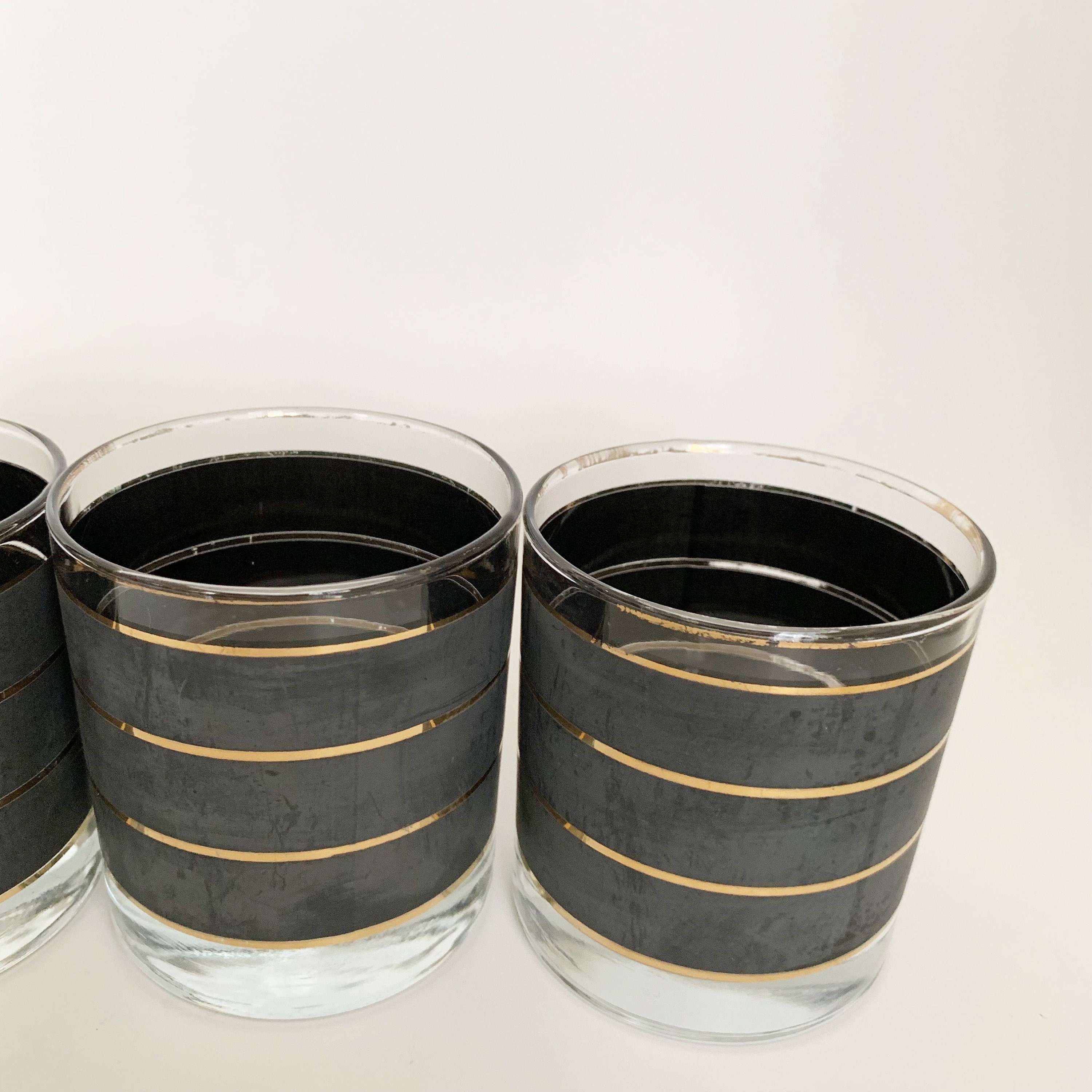 Vintage 4 X Mid Century Black Gold Striped Glasses Rocks Etsy