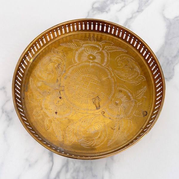 Solid Brass Tray, Brass Round Tray, Bar Tray, Brass Accents, Brass Decor, 8"