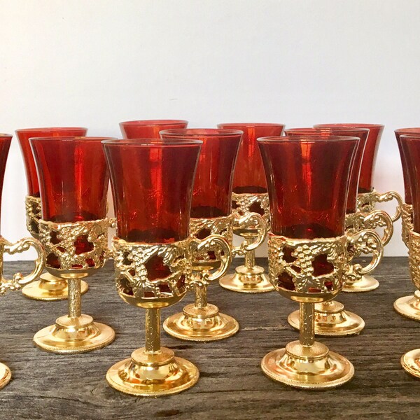 Vintage Set Of 12 Venetian Ruby Red Gold Liquor Wine Glasses. Italy.