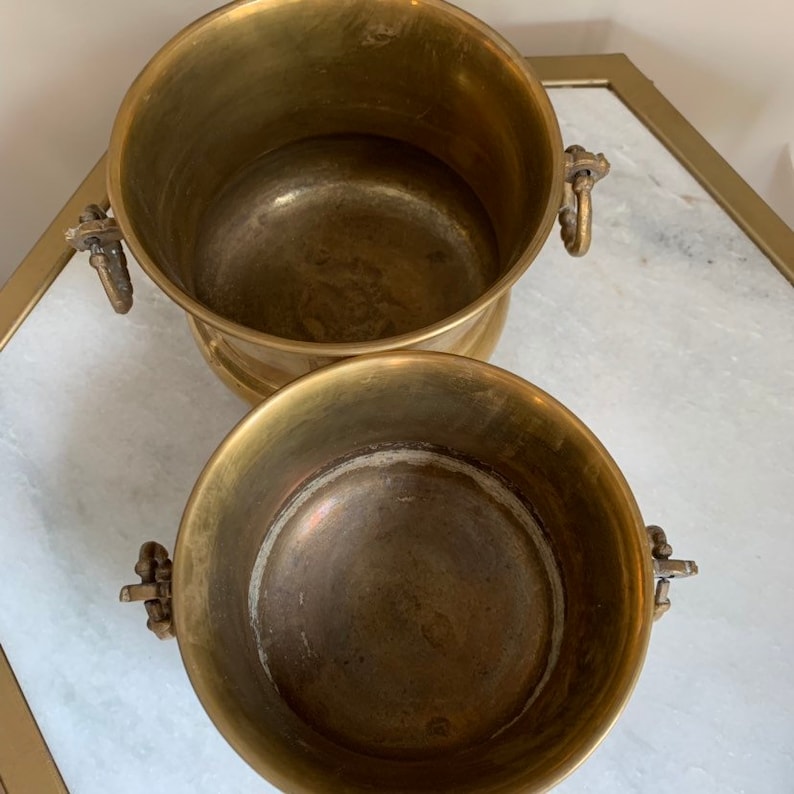 Bohemian Boho Decor. Footed Ring With Handles Brass Accents Vintage Set of Brass Plant Pots Decor