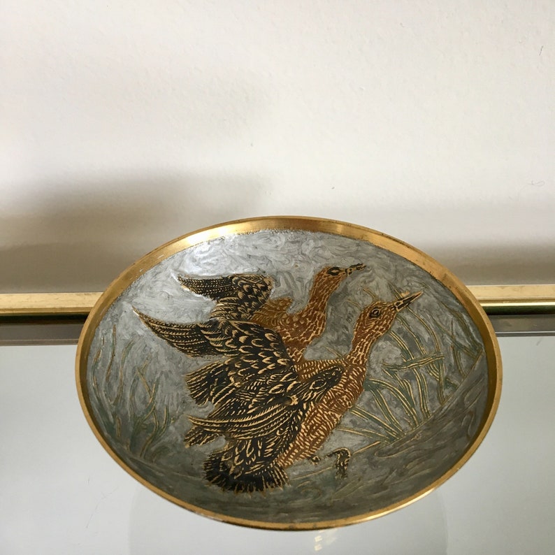 Vintage 5 Blue Painted Ducks Brass Footed Bowl. Trinket Etsy