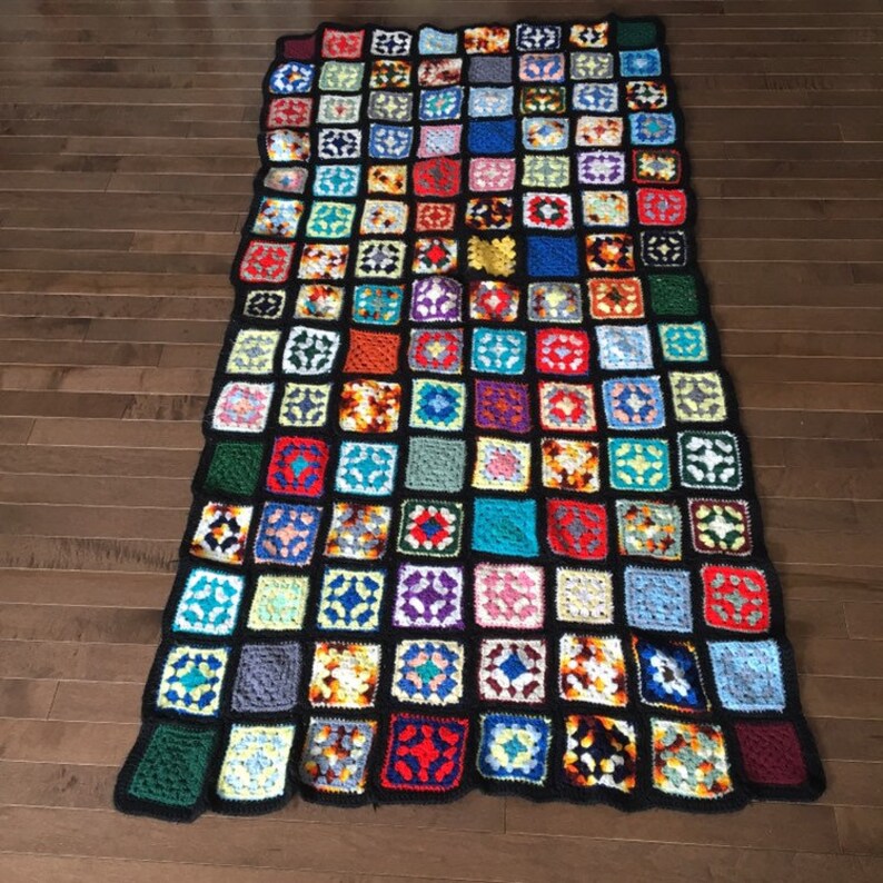 Bohemian Vintage Black Granny Square Afghan Multicolored Crocheted Blanket Throw Boho