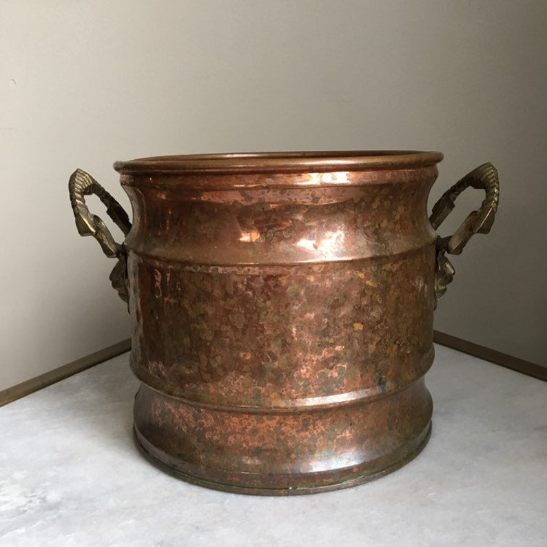 Bohemian, Boho Vintage Hammered Copper Brass Lion Head Planter Pot 7.5 Diameter