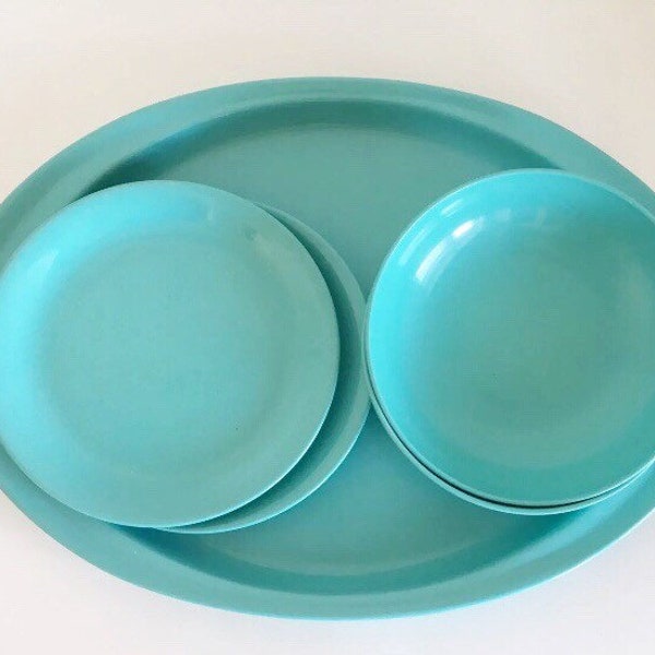 Vintage Mid Century Turquoise Blue Melmac Melamine Tray Bowls Plates Rainboware Canada