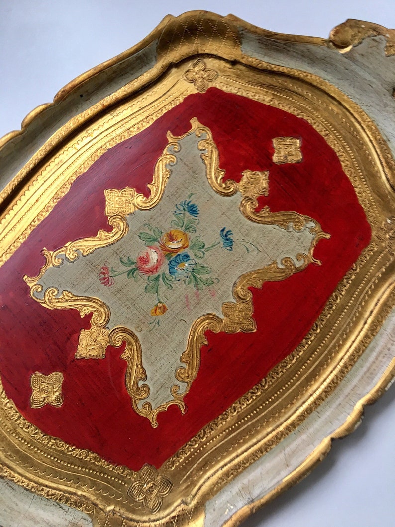 Vintage Florence Italy Decorative Tray Red Gold Decor Etsy