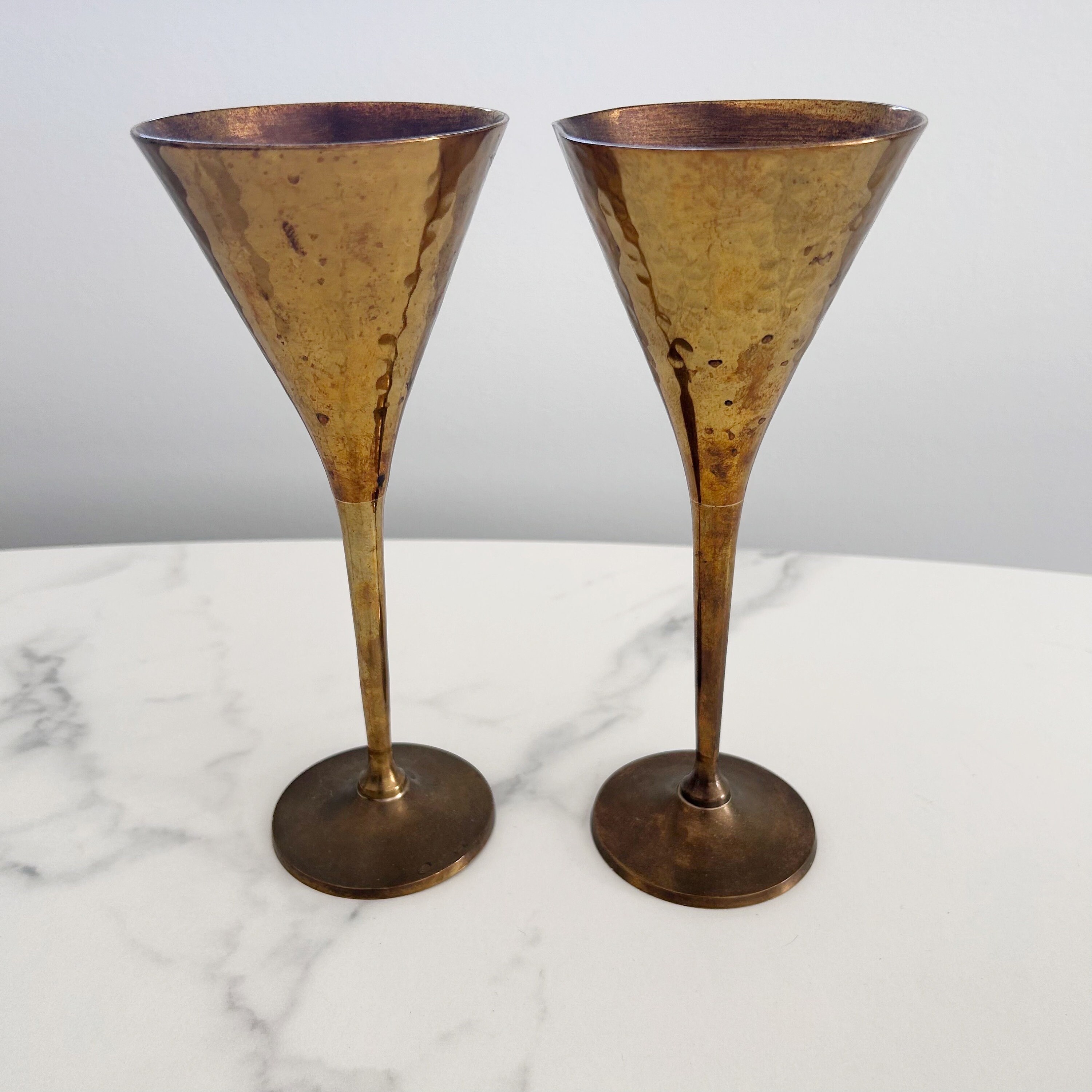 2 Vintage Solid Brass Wine Goblets With Tulip Stems Made in India