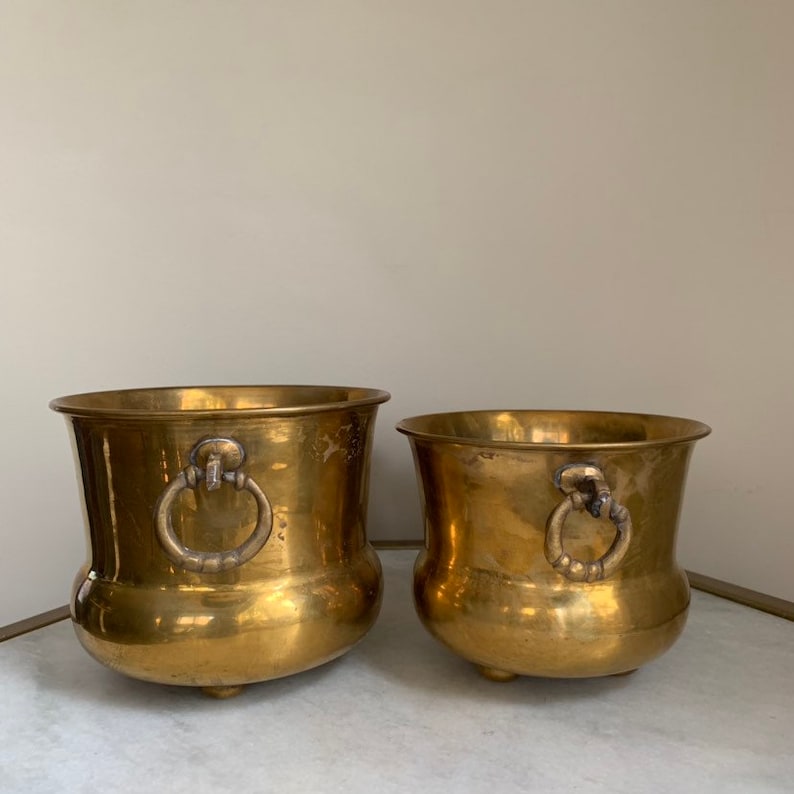 Bohemian Boho Decor. Footed Ring With Handles Brass Accents Vintage Set of Brass Plant Pots Decor