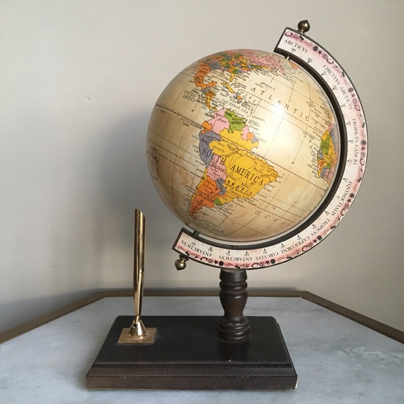 Vintage Replogle The Revere Six Inch Globe Desk Pen Holder With Wood Base Gift