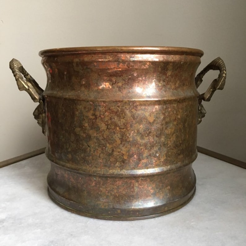 Bohemian, Boho Vintage Hammered Copper Brass Lion Head Planter Pot 7.5 Diameter