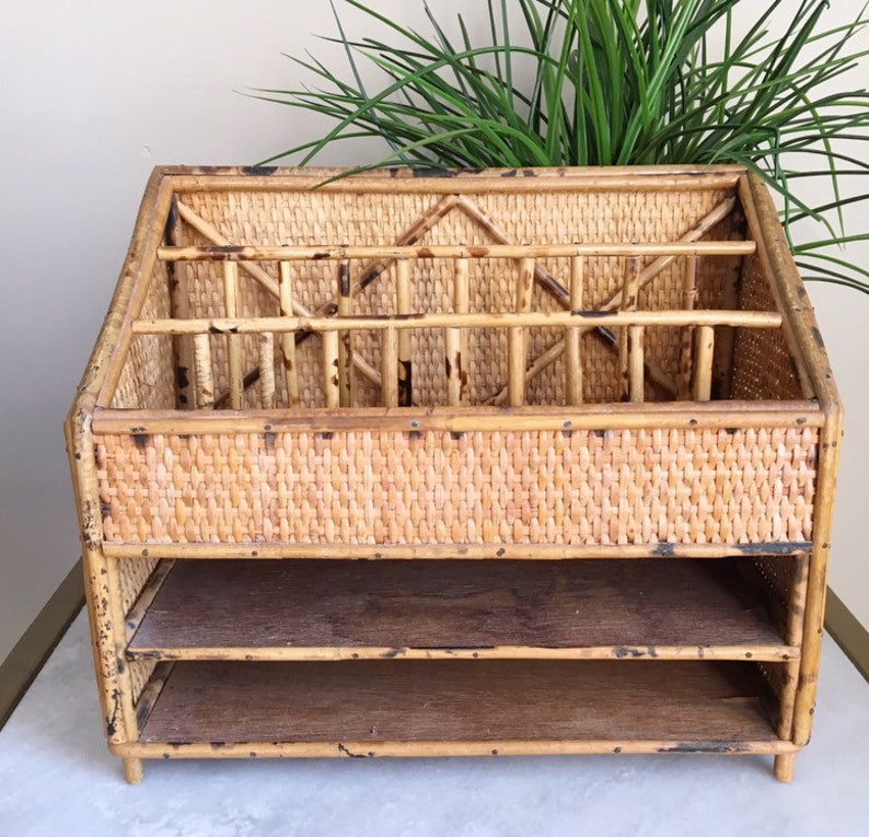 Vintage Mid Century Bamboo Rattan Desk Organizer Caddy Etsy