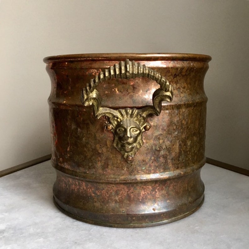 Bohemian, Boho Vintage Hammered Copper Brass Lion Head Planter Pot 7.5 Diameter