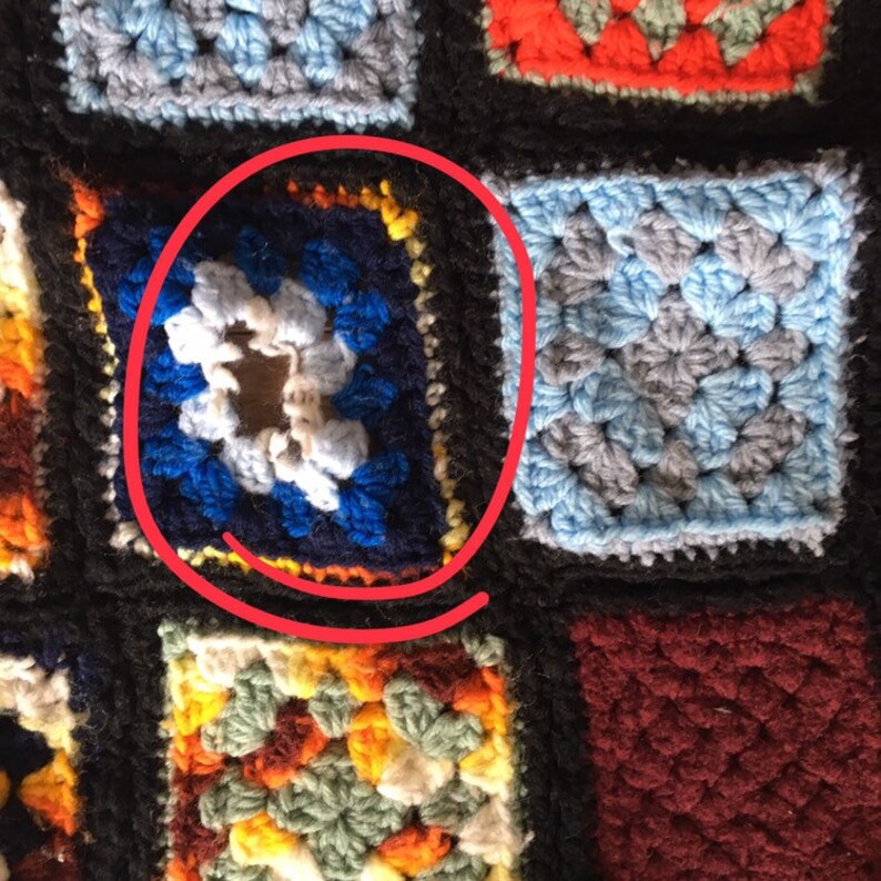 Bohemian Vintage Black Granny Square Afghan Multicolored Crocheted Blanket Throw Boho