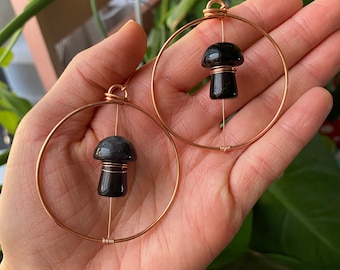 Mushroom Hoop Earrings - Fluorite Beads