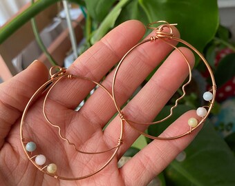 Crescent Moon Copper Earrings - Amazonite Beads