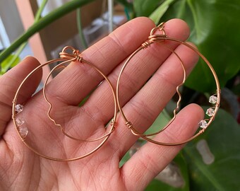 Crescent Moon Copper Earrings - Clear Swarovski Beads